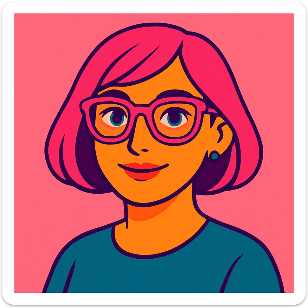 Make her look younger, no fringe on the pink bob haircut, add pink glasses and blue eyes, keep pink salt background, vibrant toon style sticker