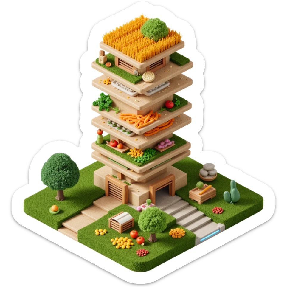 Exterior view of a futuristic skyscraper farm with stacked layers of wheat fields and vegetables, sleek building shaped like a vertical cookie factory, surreal architecture blending nature and structure, glowing irrigation channels, emoji-style sticker