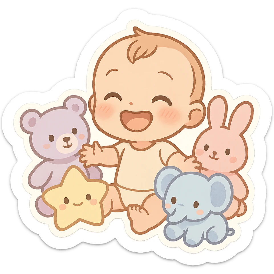 playful emoji showing a seated baby with big smile surrounded by pastel plush toys in various shapes and colors, gentle innocent warm atmosphere, perfect for emoji scale sticker