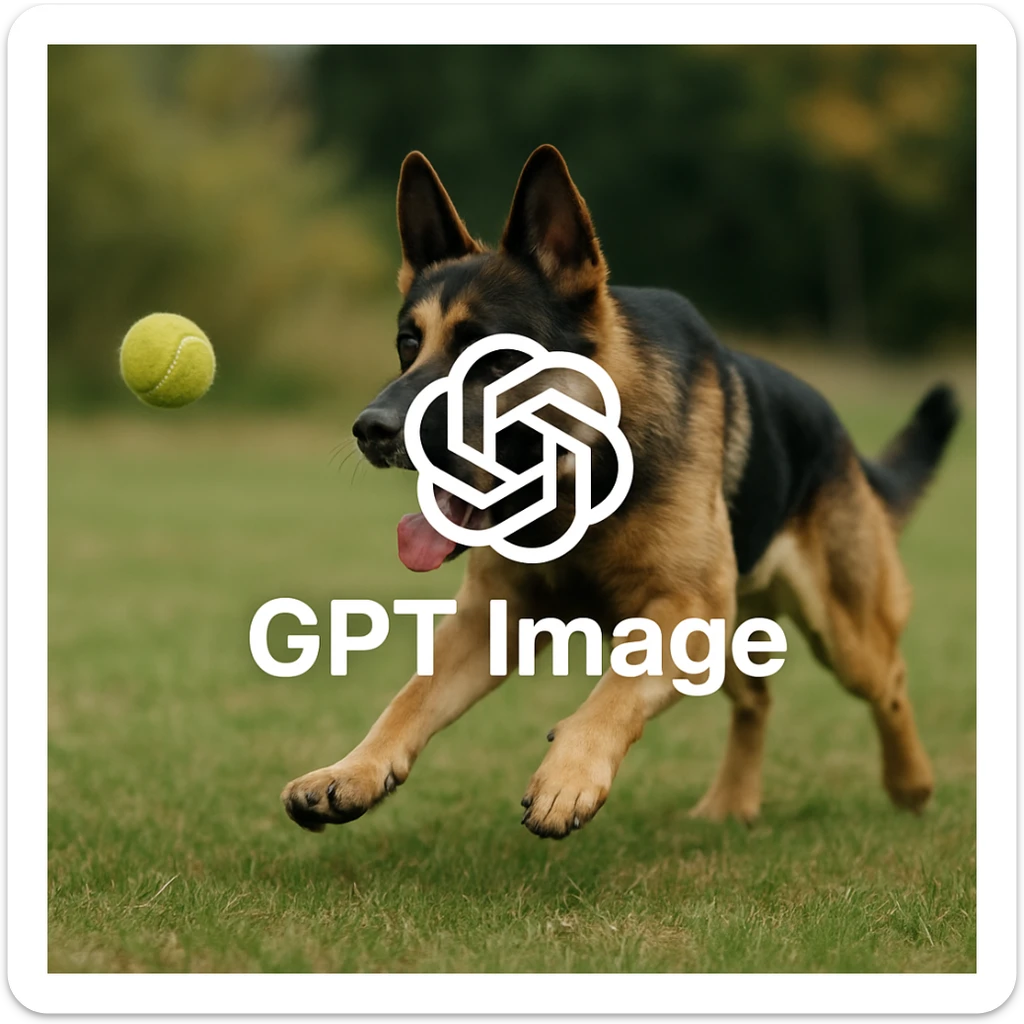 logo of chat gpt with text "GPT Image" on the background of a dog chasing ball, realistic image sticker
