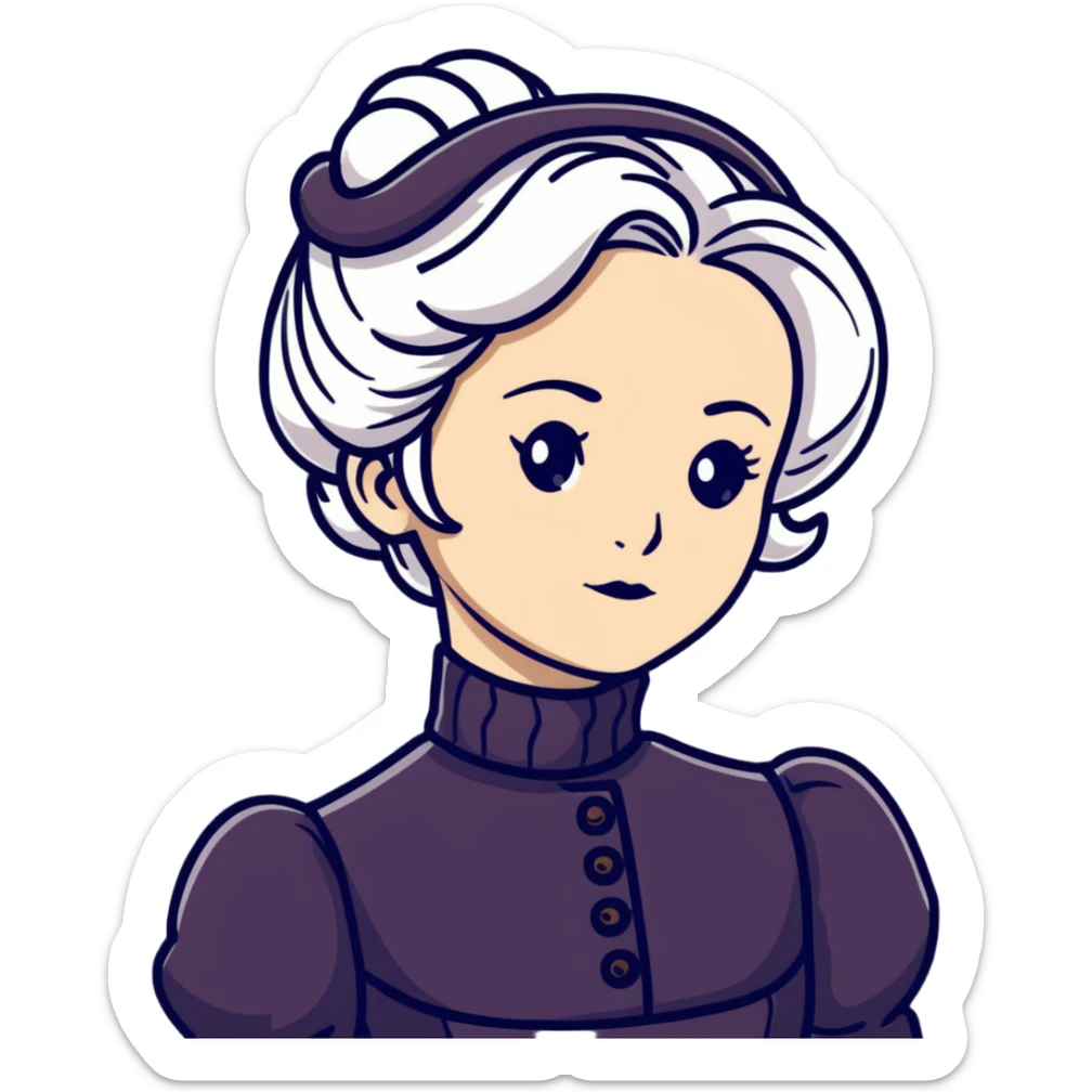 Victorian woman with white coiffed hair, modest turtleneck Victorian dress, and an awestruck expression sticker