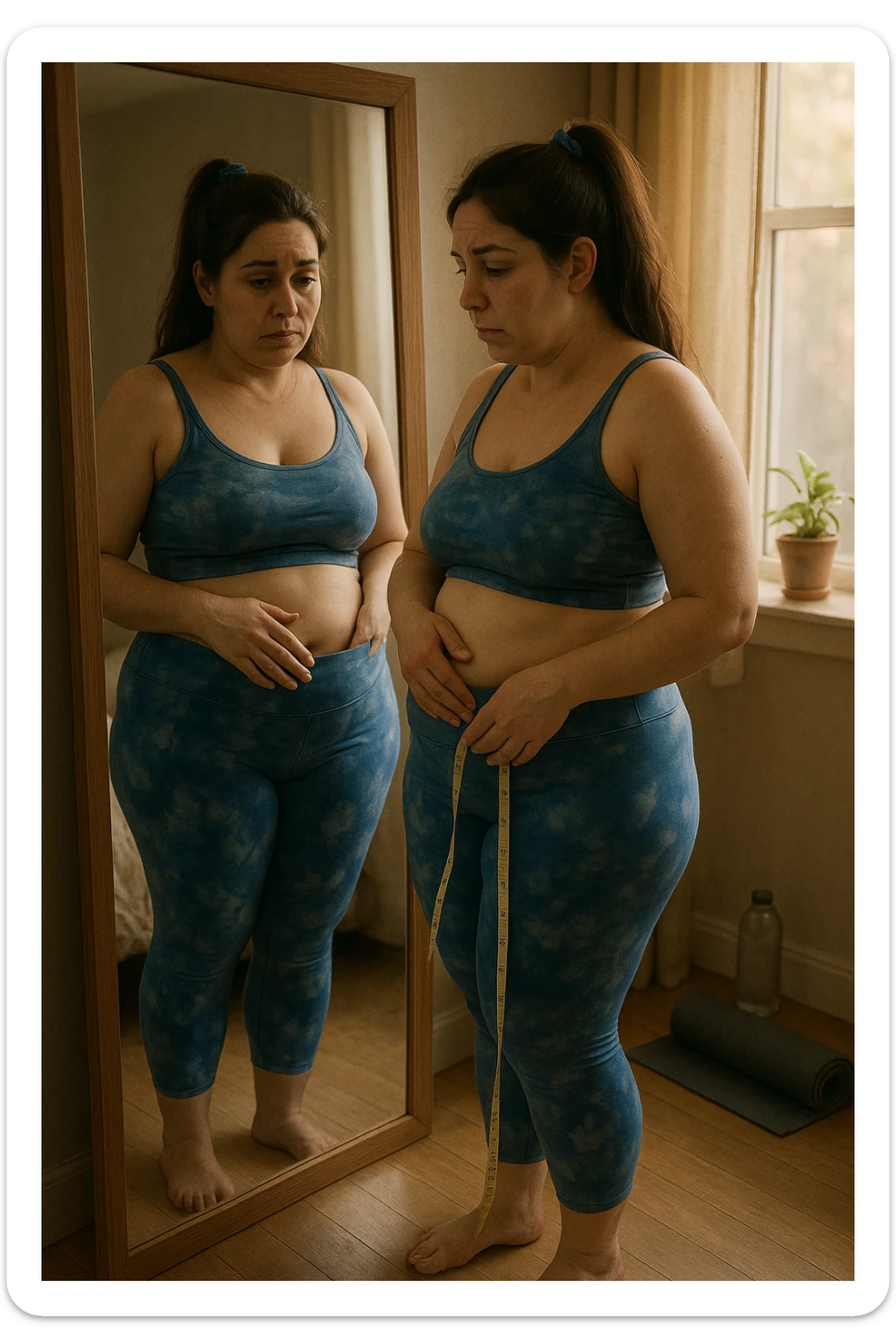 A realistic, cinematic illustration of a woman in her early 30s with a slightly rounded body shape, standing in front of a mirror in a softly lit bedroom, looking at her reflection with a thoughtful, slightly discouraged expression. She is wearing comfortable home workout clothes, holding a tape measure in one hand loosely, while her other hand gently touches her belly area, showing her frustration with slow weight loss progress. The room is cozy, with natural light filtering in, a yoga mat rolled up in the corner, a water bottle, and a small plant on the windowsill. The scene captures the emotional struggle and quiet determination of a woman facing difficulties in losing weight despite her efforts, with warmth and dignity. sticker