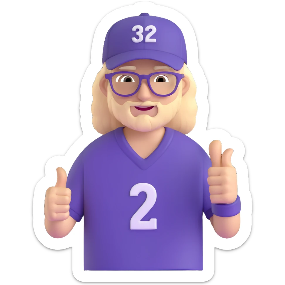 Man with black and white cap, purple sports jersey with number 32, clear glasses, light blond mullet hairstyle, thumbs up sticker