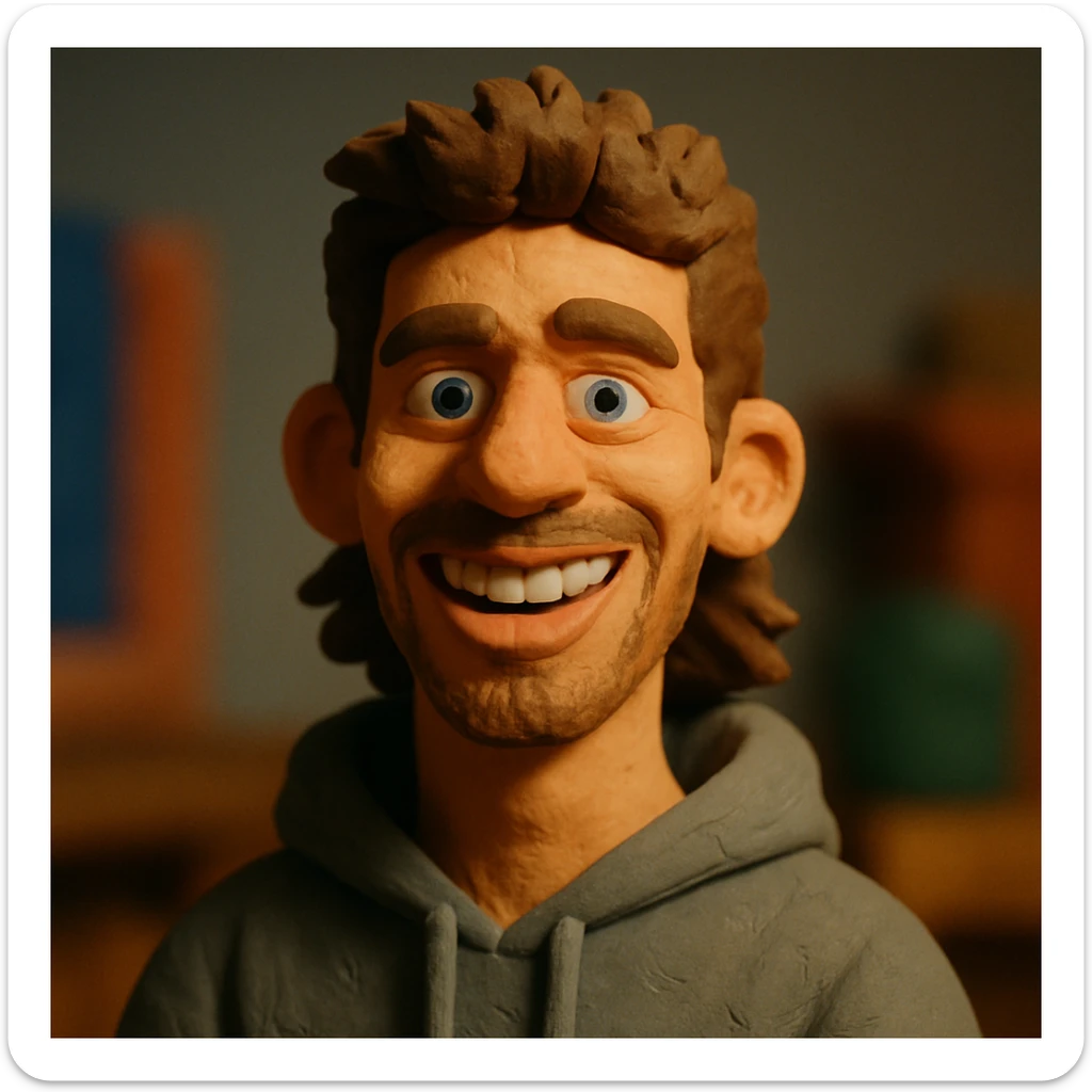 20 year old man, short scruffy beard and thin moustache, brown puffy mullet, blue eyes, big smile, white teeth, big lips, pronounced jaw, hair longer in back, sticking up on top, thin face, grey hooded sweatshirt, blue eyes sticker