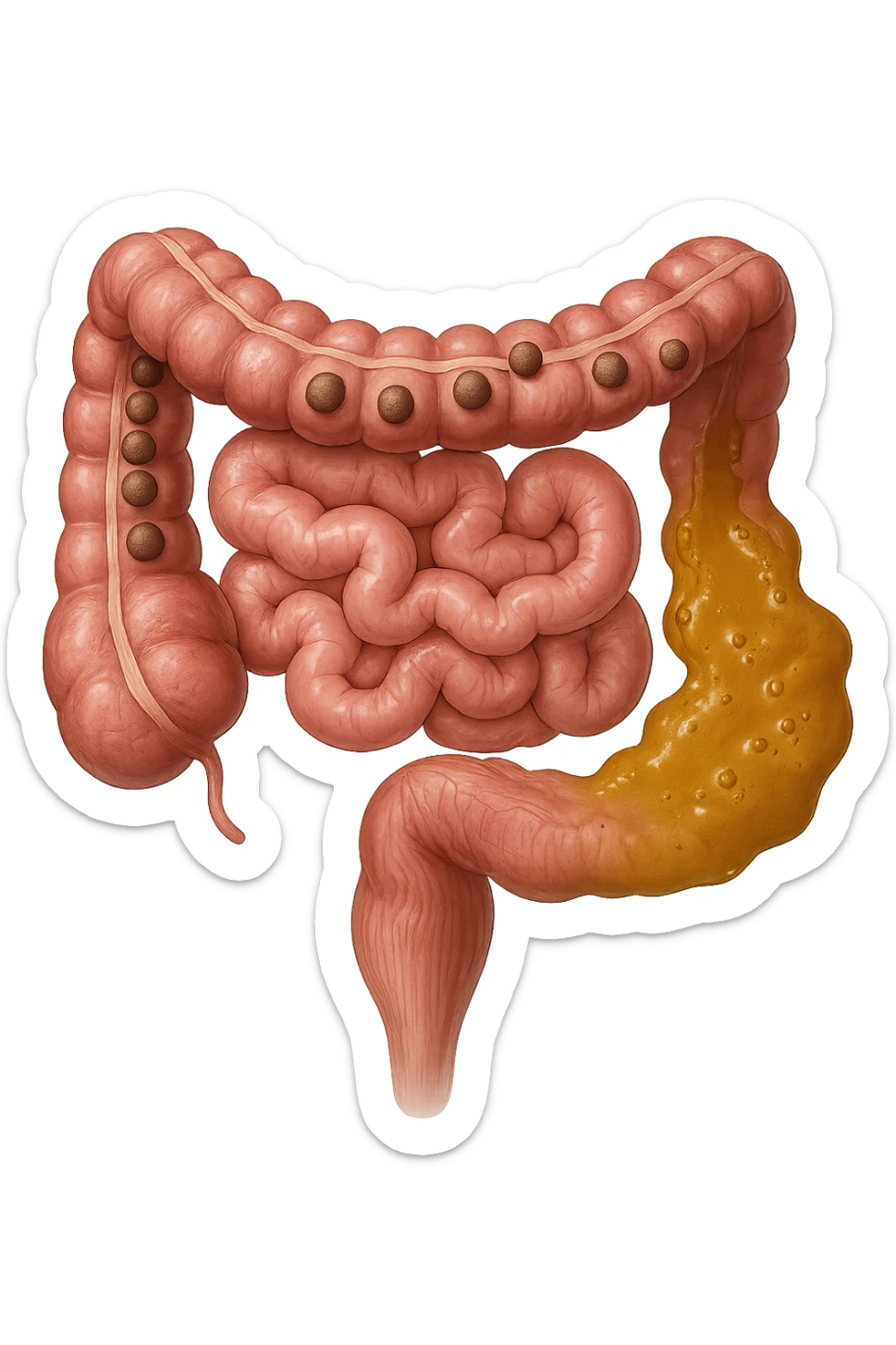 INTESTINO UMANO ANATOMICO REALISTICO CON FECI A PALLINE E FECI LIQUIDE CHE FLUTTUANO DIETRO BEN DISTINTE, IPERREALISTICO 4K sticker