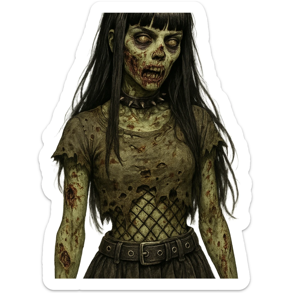 a zombie girl with black long hair and bangs, unique style, detailed, creative sticker
