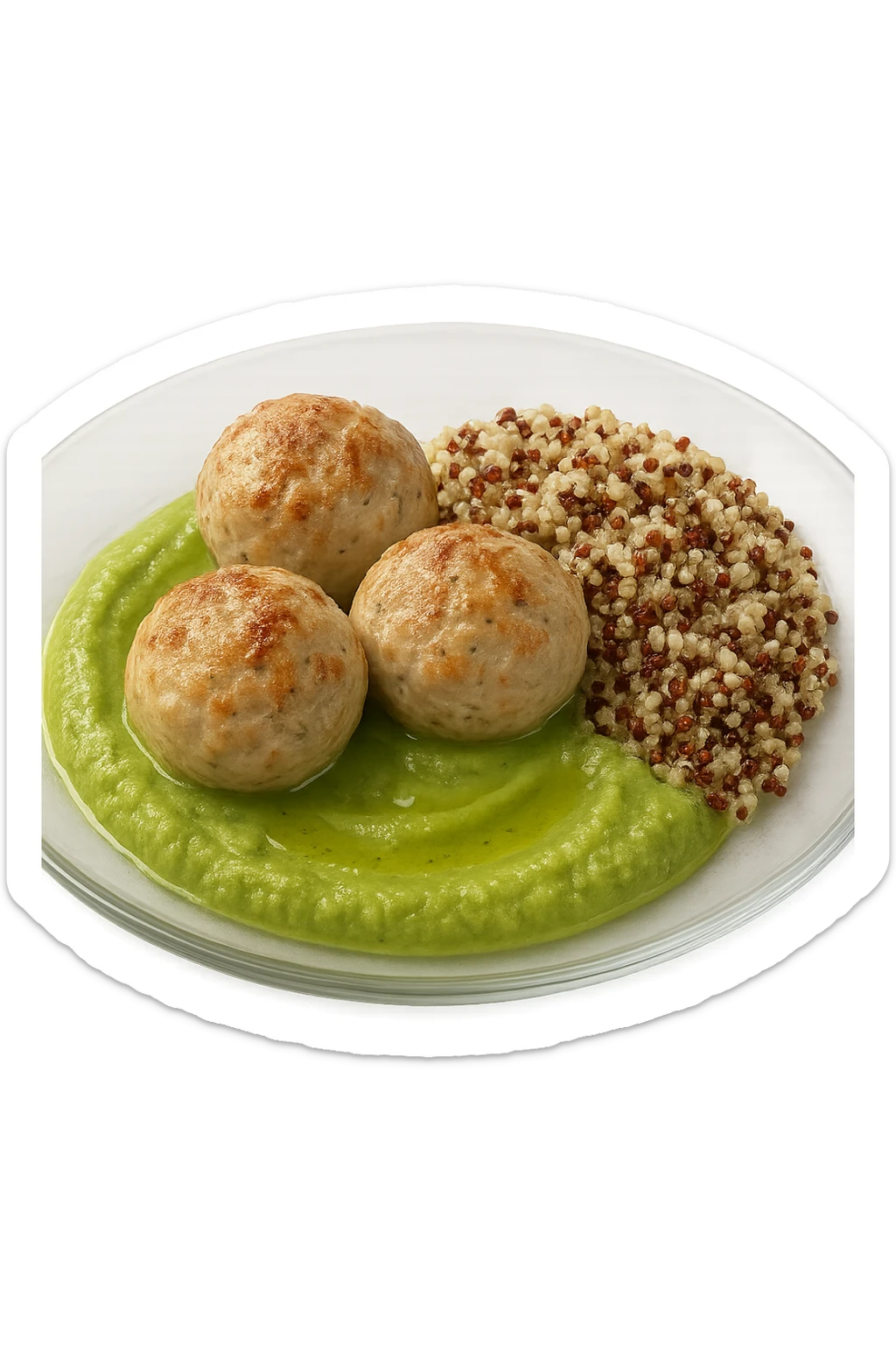 polpette di tacchino, purè di zucchine, quinoa e olio di oliva, iperrealistico 4k sticker