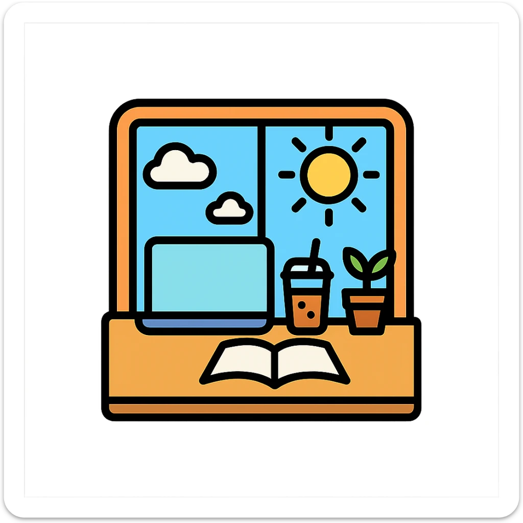 A desk by the window with summer sunshine in the background. On the desk, there is a laptop, a cup of iced coffee, and a small plant. An opened book is also present. sticker