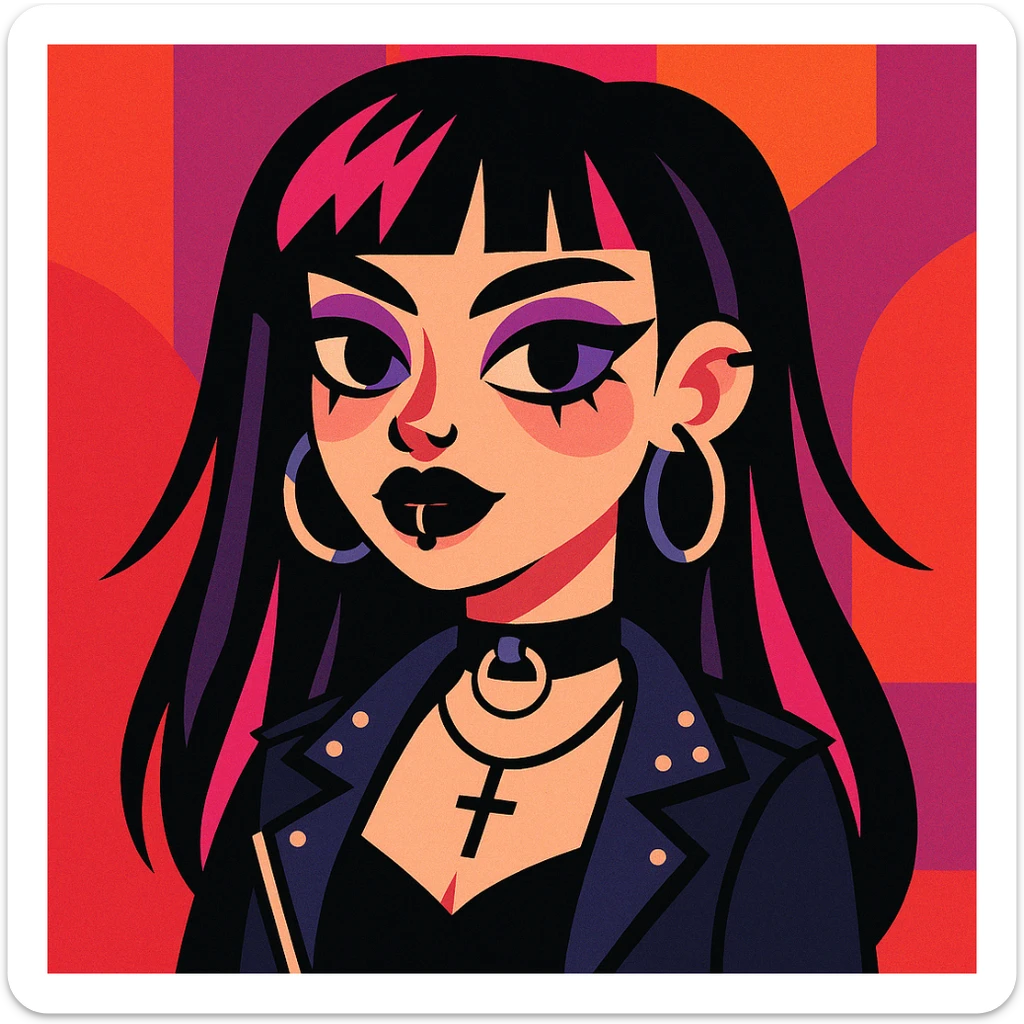 gothic girl, modern goth fashion, black lipstick, piercings, choker, vibrant toon style sticker