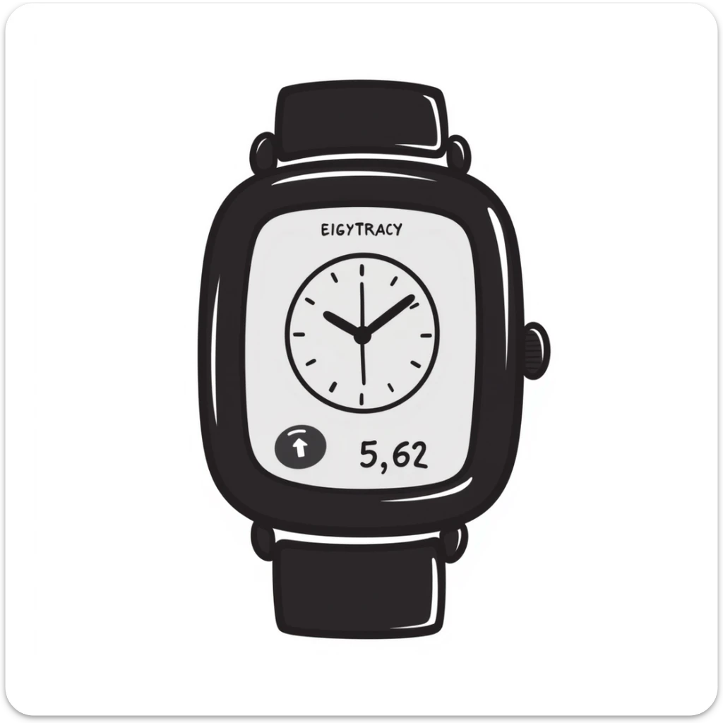 A fitness smartwatch with health tracking display in pastel colors (dd9fb0, ffc6d3, a3bfc9, c4bee2, f1b091), hand-drawn doodle style sticker
