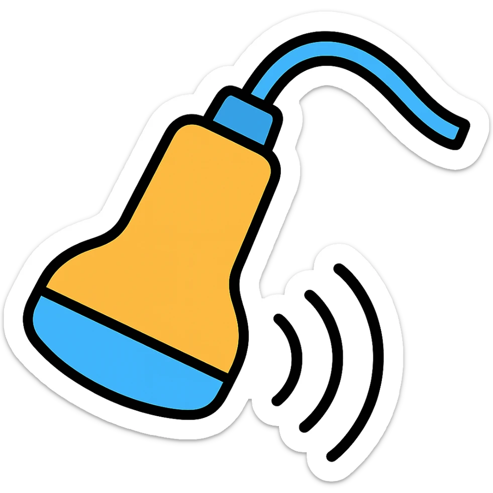 Add blue highlights to the ultrasound probe, keep the color outline icon style, with an angled perspective. sticker