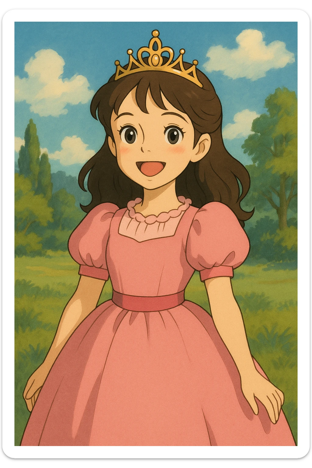 young princess in a pink dress, tiara on her head, smiling, ghibli-inspired style sticker