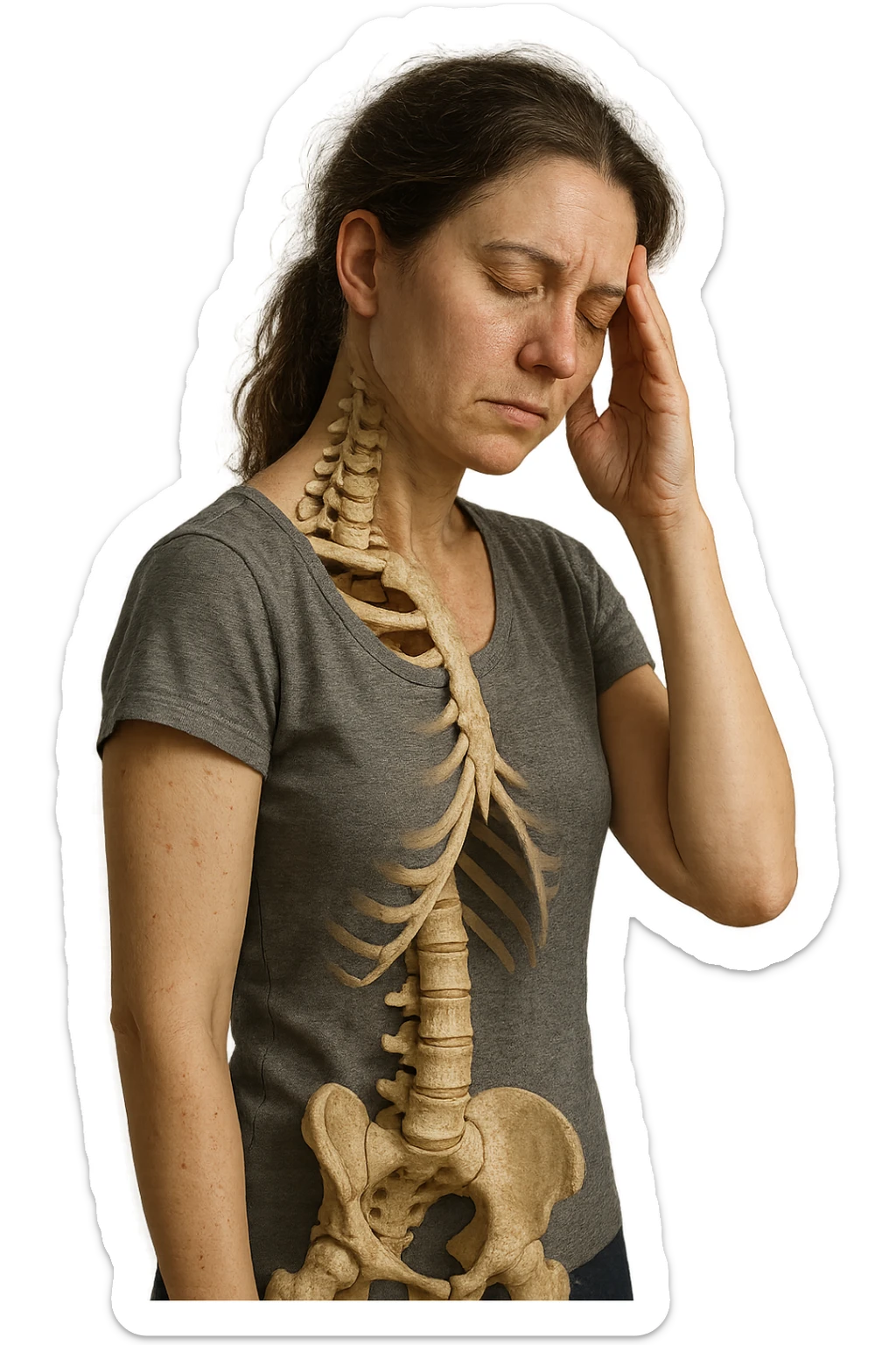 donna stanca a figura intera che si tiene una mano sulla tempia con spina dorsale anatomica visibile, iperrealistico 4k sticker