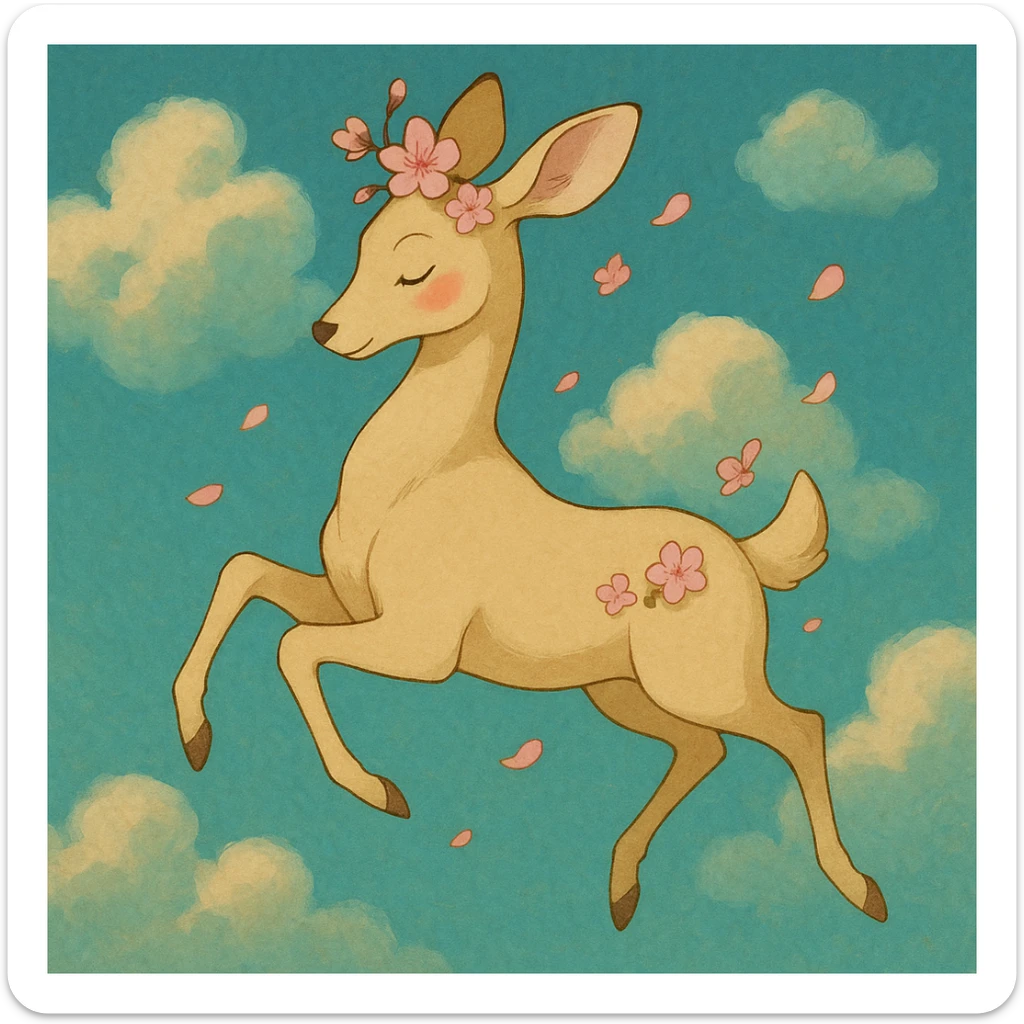 feminine adult vanilla cloud doe with rosy cheeks and cherry flowers, floating gracefully in a dreamy Ghibli-Pixar style sticker