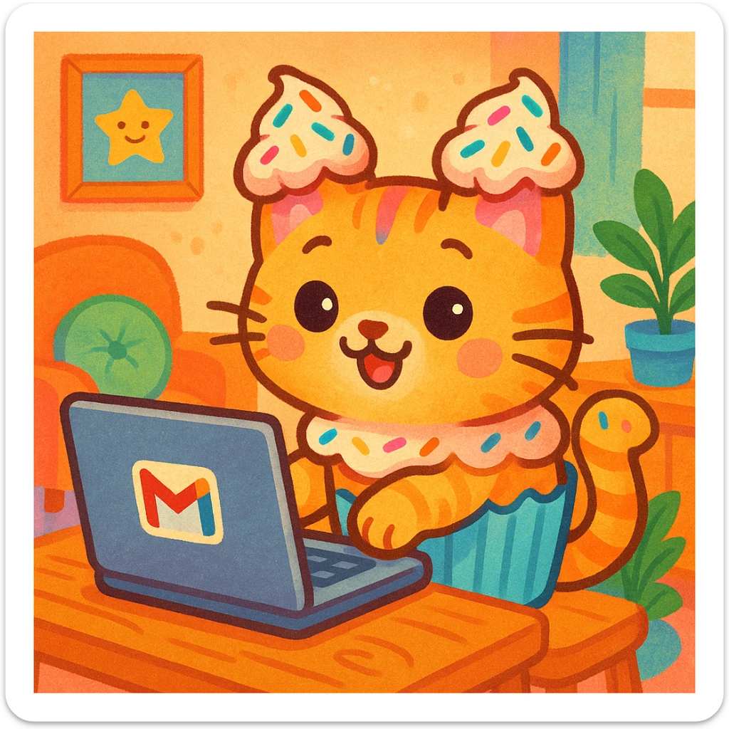 A whimsical cat with cupcake frosting and sprinkles, sitting at a laptop with a Gmail logo, writing funny stories for friends on Gmail. The cat is colorful with cupcake-themed features, including frosting ears and a cupcake wrapper body. The scene is playful and cute. sticker