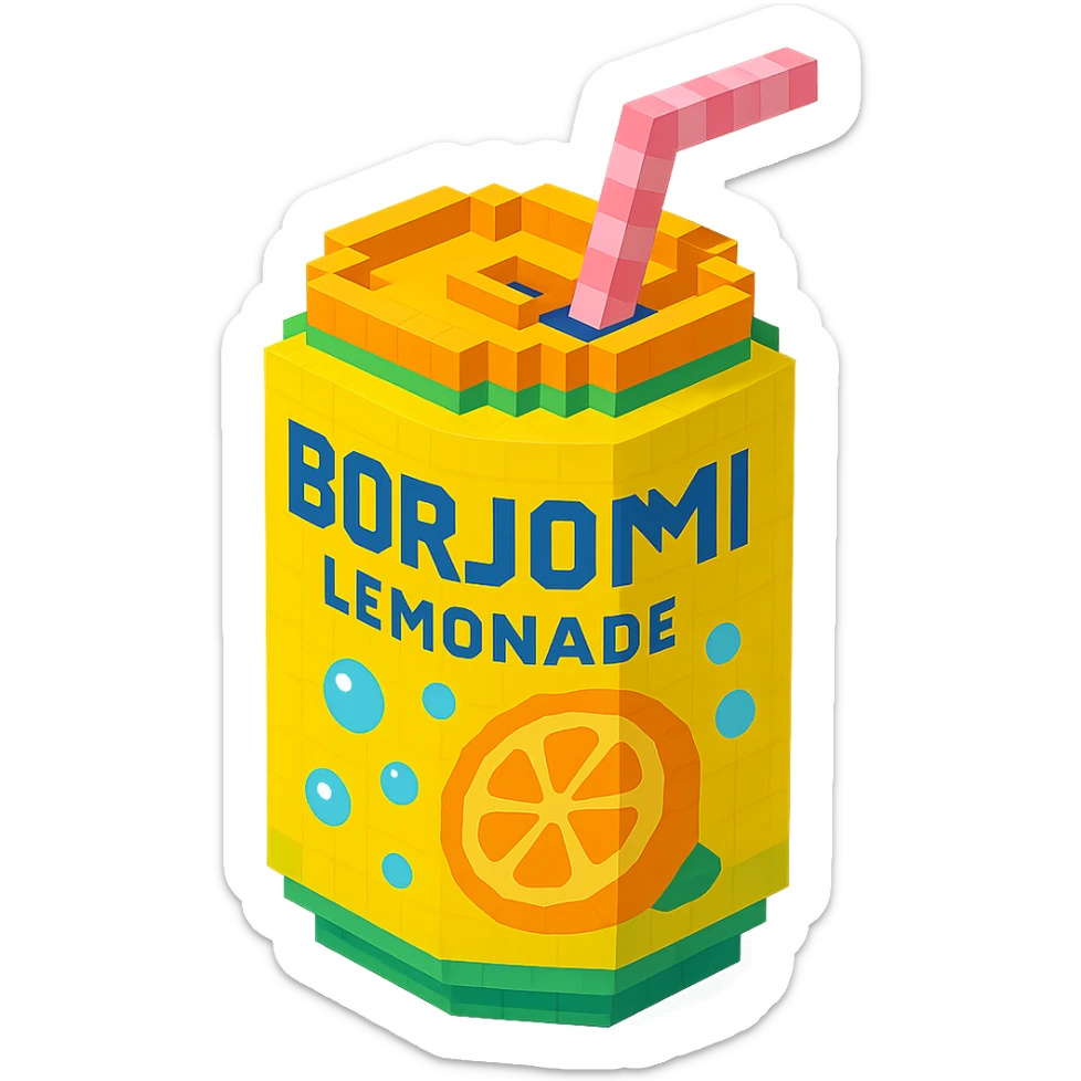 Borjomi lemonade can with a playful design, including bubbles and a straw sticker