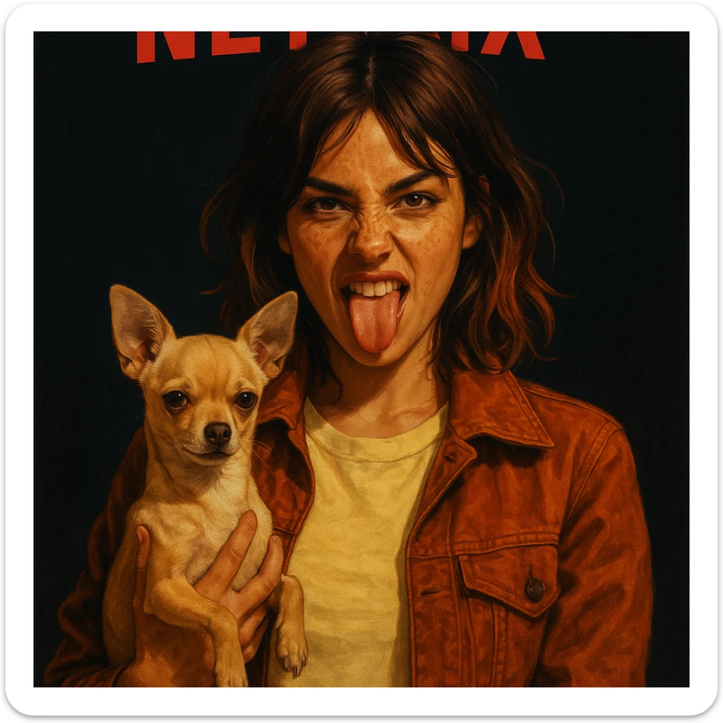 Rebellious and playful woman with tanned skin, freckles, pale yellow shirt #FFF8CA, rust jacket, medium-length brown auburn hair, holding a beige-brown chihuahua, Netflix poster style, dark background. sticker
