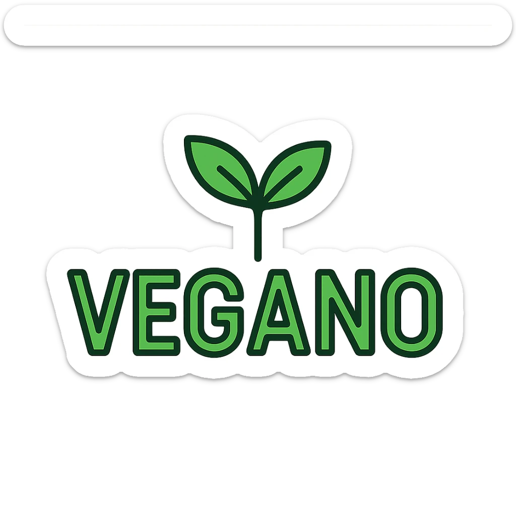 the word VEGANO in a clean sans-serif font, with a green color palette and a small sprout or leaf above the letter V sticker