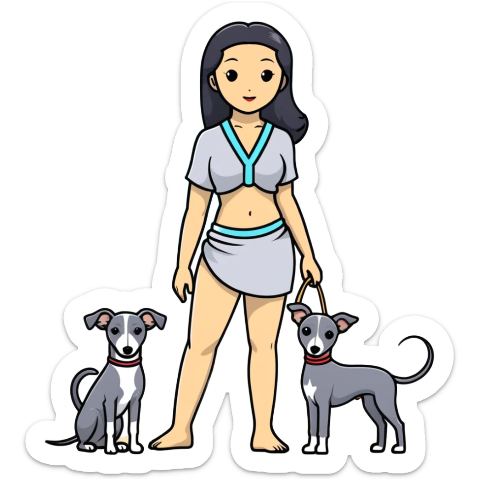Slim Chinese woman with long black hair in beach attire at the beach with her Italian greyhound that is COMPLETELY solid grey, with absolutely NO white markings on face, snout, or anywhere else, single uniform grey color throughout entire dog body sticker
