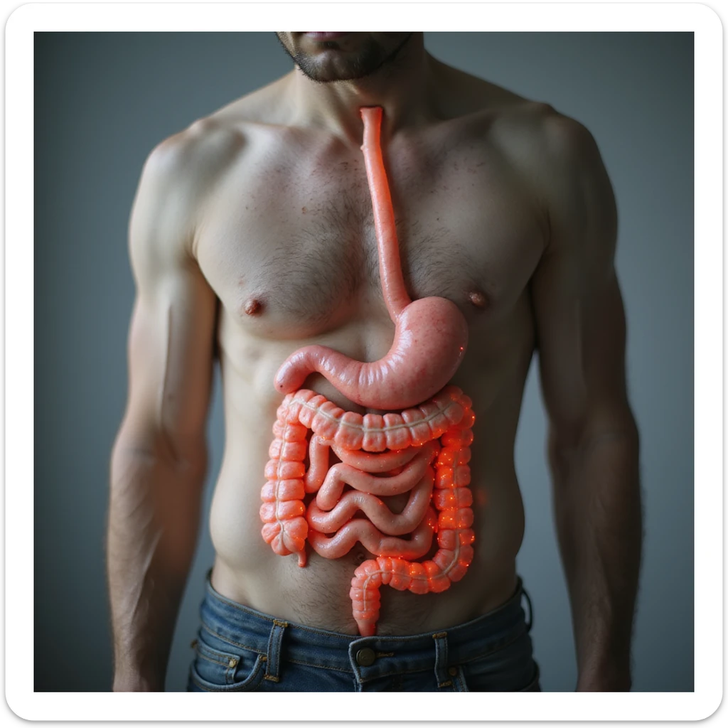realistic adult man with simple clothing, body with stylized inflamed intestine, red swollen areas, sugar symbolism as cause, atmosphere of discomfort, clinical background, 4K quality sticker