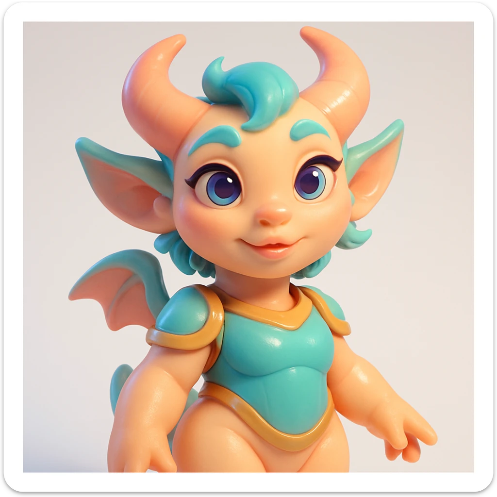 3D sculpture of fantastic creature in Pixar × Overwatch × Loish style, smooth shapes, warm porcelain skin, smooth and plastic finish, vivid pastel colors, soft bloom, white gradient background, juicy highlights on eyes and lips, no contours or rough textures sticker