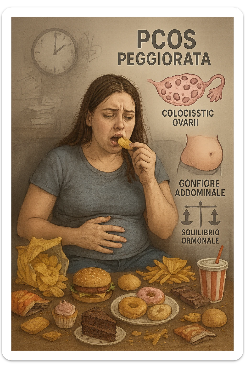 Donna tra i 25 e i 35 anni seduta sul divano o a un tavolo disordinato, circondata da cibi sparsi e poco sani: patatine, dolci, pane bianco, snack confezionati, bibite. Mangiando di fretta, ha un’espressione stanca e frustrata. Intorno a lei, in trasparenza o come illustrazione simbolica, si vedono gli effetti della PCOS peggiorata: ovaie con cisti multiple, squilibrio ormonale (↑ insulina, ↑ androgeni), gonfiore addominale. Sullo sfondo, orologio che corre o caos visivo che comunica disorganizzazione alimentare. Colori spenti e atmosfera stanca. Stile realistico con elementi simbolici e informativi. in italiano sticker
