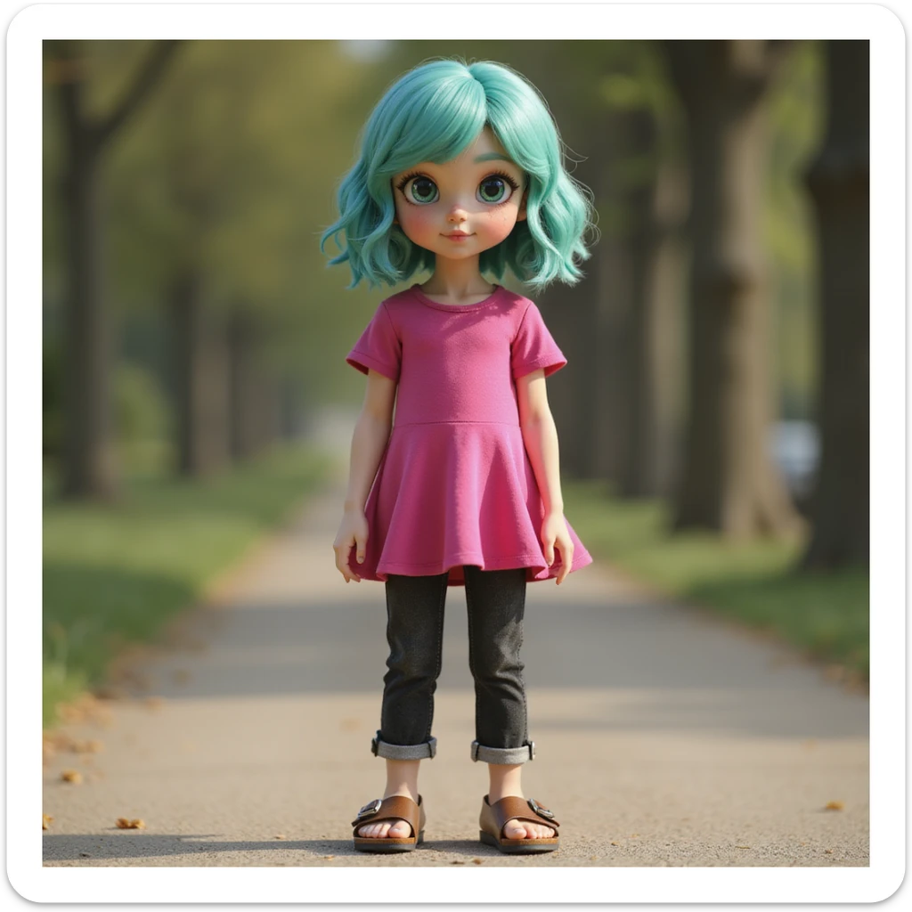 a realistic girl with teal hair, wearing a hot pink dress, black jeans, and brown birkenstocks, outdoors, photorealistic sticker