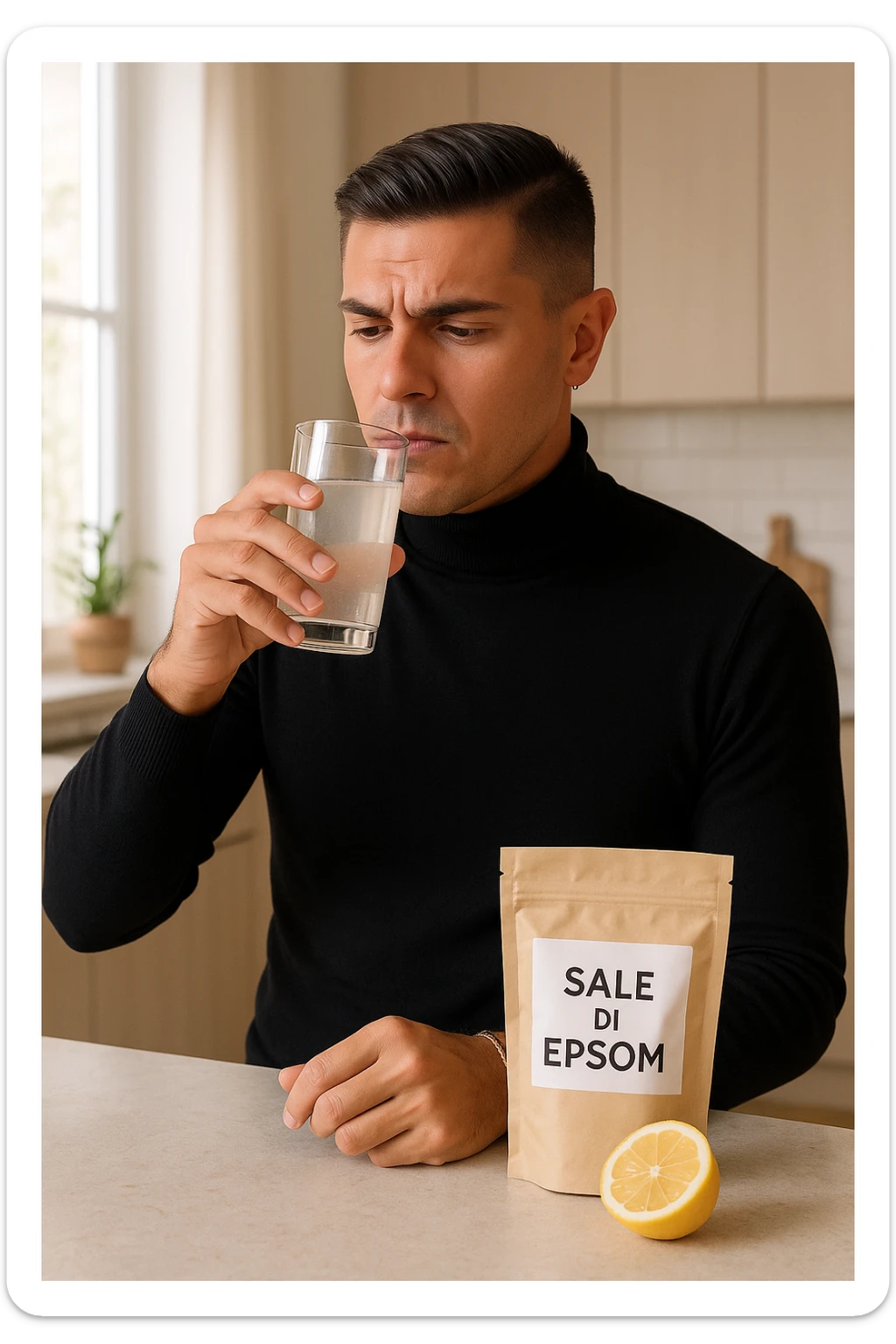 A realistic, bright photo-style image of a young man in his 30s standing in his kitchen, holding a clear glass filled with water in which Epsom salt (magnesium sulfate) has been dissolved. He looks focused but slightly uncertain as he prepares to drink it for a liver flush or digestive cleanse. The glass shows slight cloudiness from the dissolved salt. On the counter are a packet labeled 'Sale di Epsom' and a sliced lemon, suggesting he might use it to mask the taste. The setting is clean, natural, and bright with neutral tones. The background shows sunlight streaming through a window, emphasizing a clean, minimalist health-focused environment. The mood conveys a realistic, calm moment of self-care with a hint of discomfort, illustrating a natural detox practice in italiano sticker