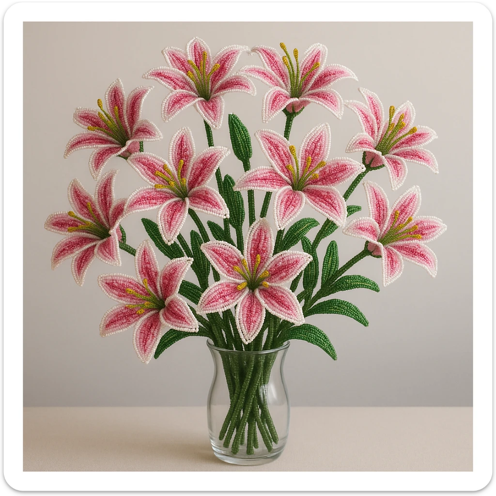 french beaded pink stargazer lilies, a dozen flowers in a clear vase, detailed beadwork, pink and white petals, lush green stems, elegant and lifelike sticker