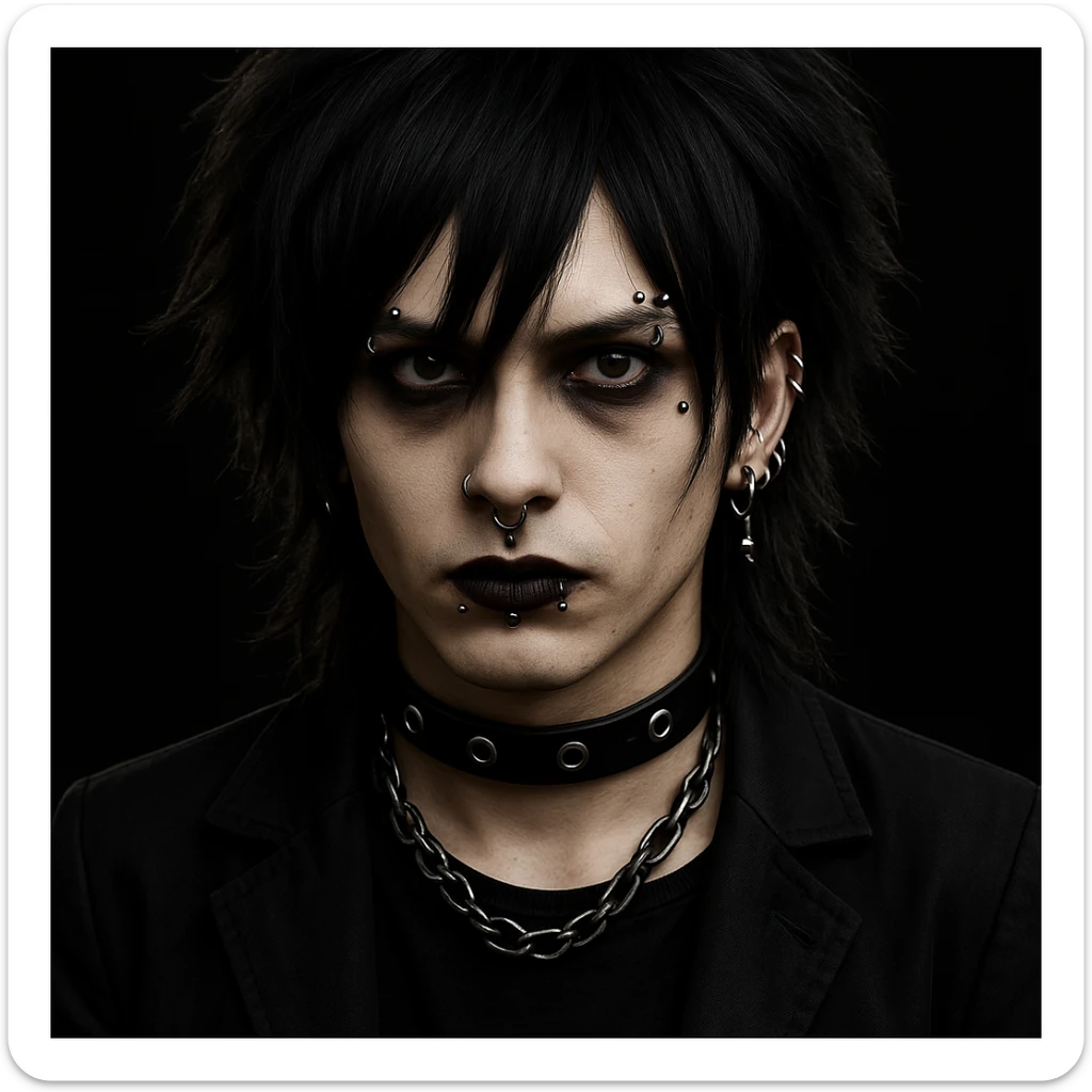 Add facial piercings including eyebrow, lip, and ear piercings to the Vkei style boy with medium long black hair, emo, shaggy hairstyle, and a dark, creepy expression. Maintain the overall dark and edgy vibe of the character. sticker