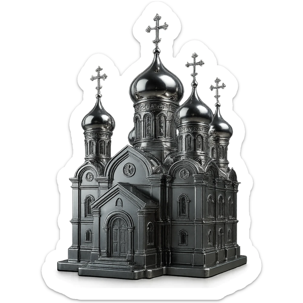 reflective chrome silhouette of an Orthodox church with multiple domes and crosses sticker