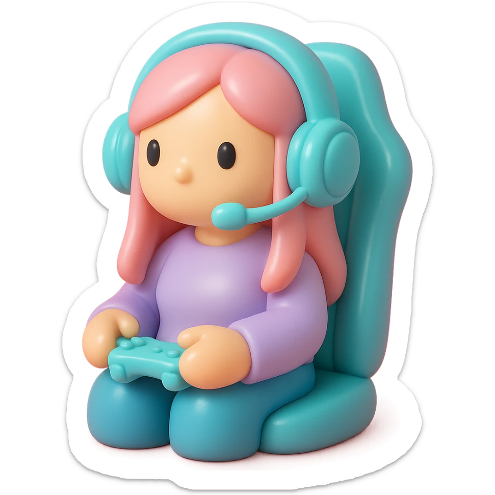female streamer with headphones and a gaming chair, vinyl figure style sticker