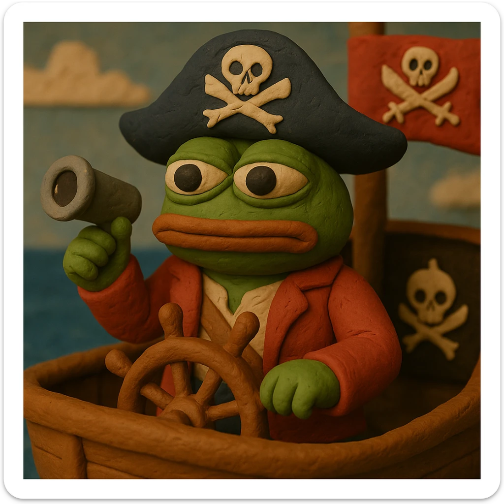 Add the exact skull and crossbones symbol to the pirate flag and the pirate hat in the claymation style image of Pepe the Frog as a pirate captain on a ship with an ocean background. sticker