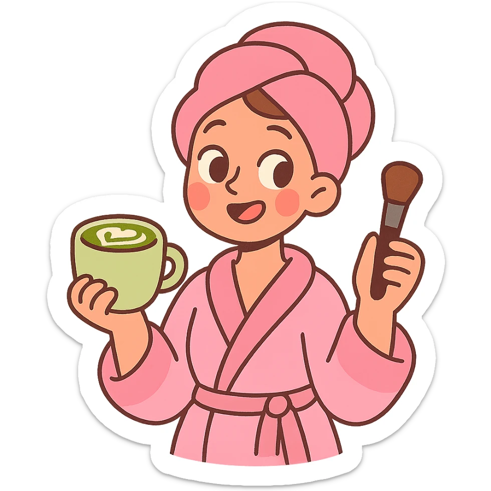 girly girl in pink robe with matcha latte and makeup, pastel cartoon style sticker