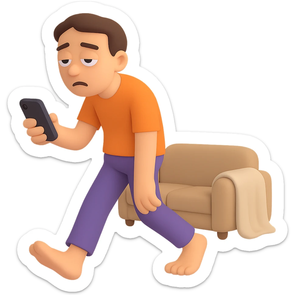 Add a phone in the hand of the emoji of a person dragging their feet, eyes half-closed, shoulders slumped, radiating laziness and lack of motivation, possibly with a small couch or blanket in the background. Preserve the transparent background. sticker