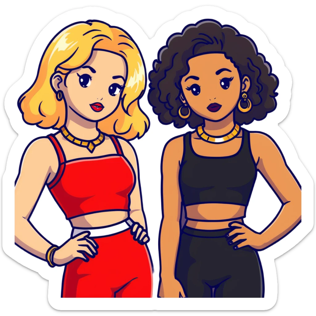 Full body of two teenage girls standing together, one white with straight blonde hair and one brown-skinned with curly black hair, both with heavy makeup, big lips, crop tops, gold jewelry and flashy choni style outfits sticker