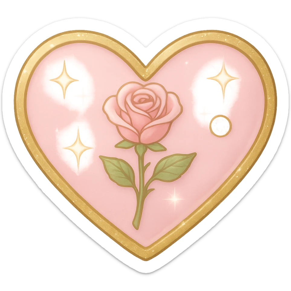 Make the single rose pink heart in pastel pink enamel with sparkling gems and a gold outline, with a soft glowing effect. The image should be tiny size and have no background. sticker