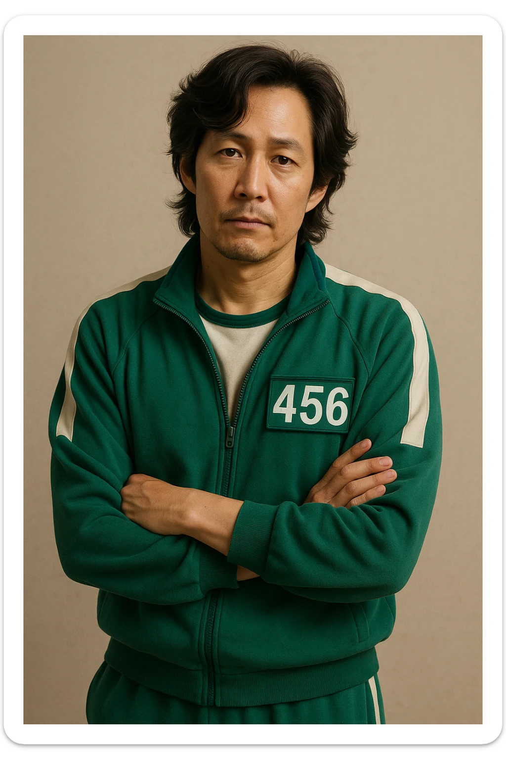 Player 456, Seong Gi-hun from Squid Game 3, in green team dress, casual pose, simple background sticker