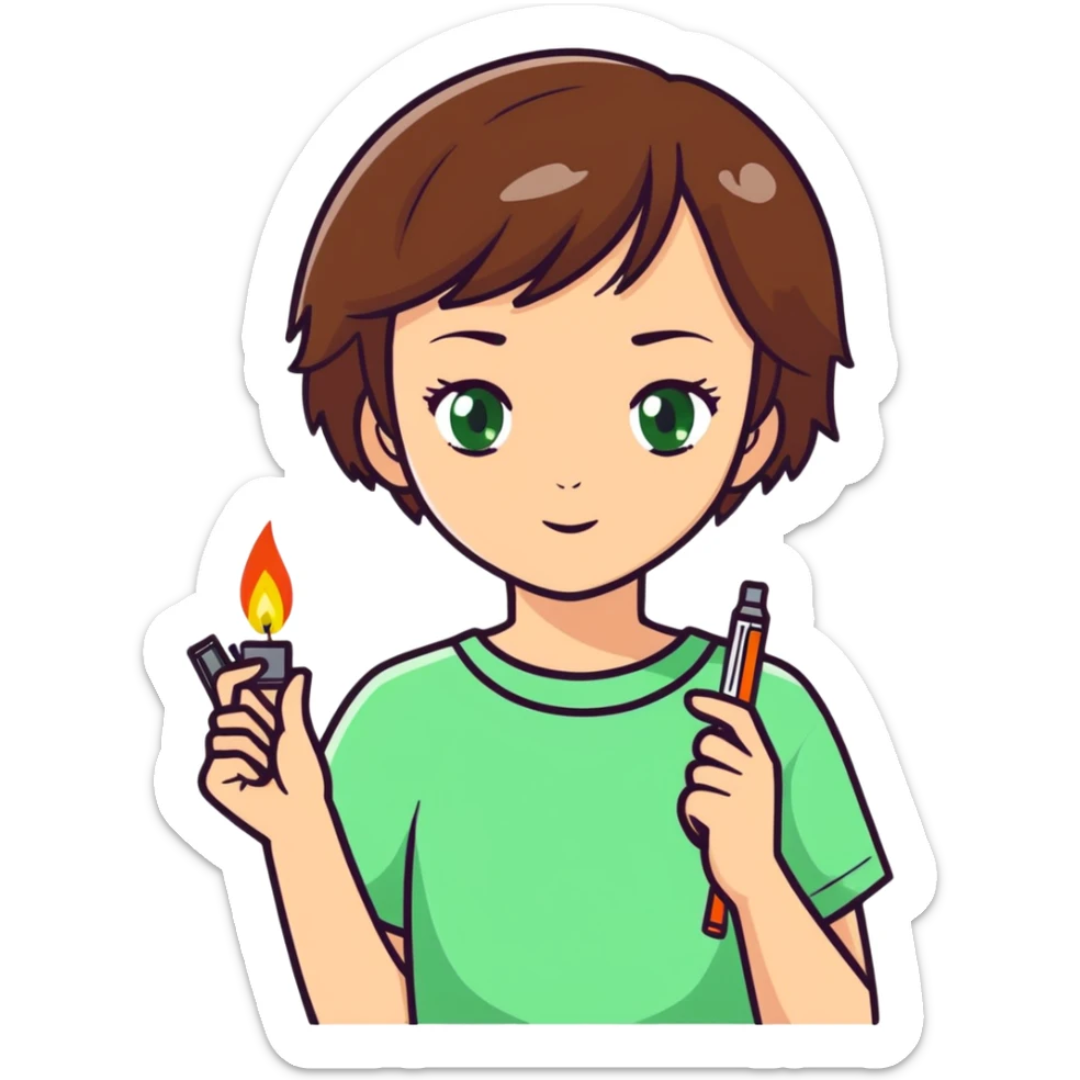 Girl with short brown hair and green eyes in love with a lighter  sticker