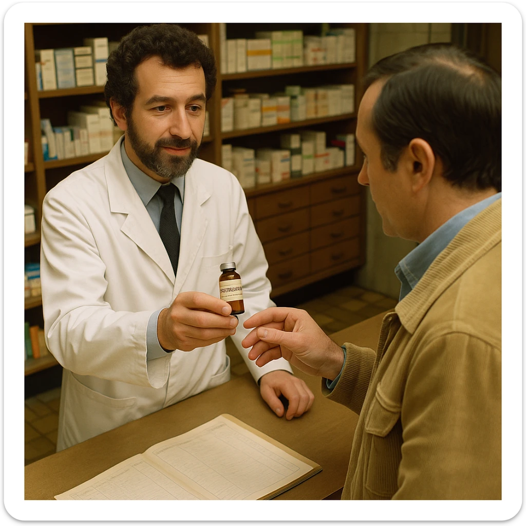 Create a realistic image of a pharmacist in France in 1980 delivering a vial of Trenbolone to a customer. The pharmacist and customer wear 1980s clothing, and the pharmacy environment and furniture reflect the 1980s style with historical details. The vial's label clearly shows the name 'Trenbolone'. The perspective is either a side angle or from above. Maintain the original style's realistic look. sticker