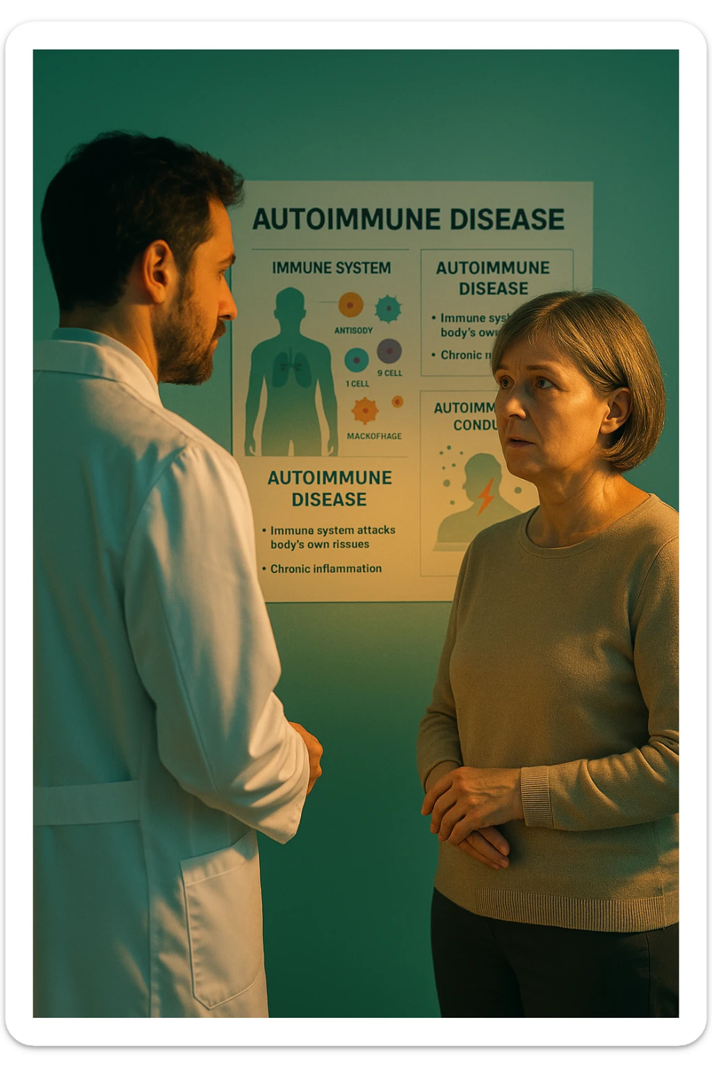 Realistic, detailed photo taken from behind of one doctor e un paziente —a bearded man and a middle-aged woman—standing and facing each other as they discuss an autoimmune disease diagnosis in front of a medical chart that displays information about the immune system and autoimmune conditions. The scene is illuminated by a yellowish, orange, warm light that softly envelops the doctors. The entire room is bathed in a single green-blue color, creating a cohesive and modern atmosphere. Both doctors wear white coats, and their body language suggests a serious, professional conversation about the complexities of autoimmune diseases. Shot with a Canon EOS R5, with high detail and natural depth of field. in italiano sticker