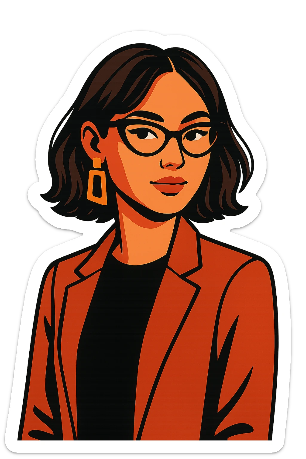 designer girl with medium hair, wearing cat-eyed glasses, modern illustration style, stylish, confident sticker