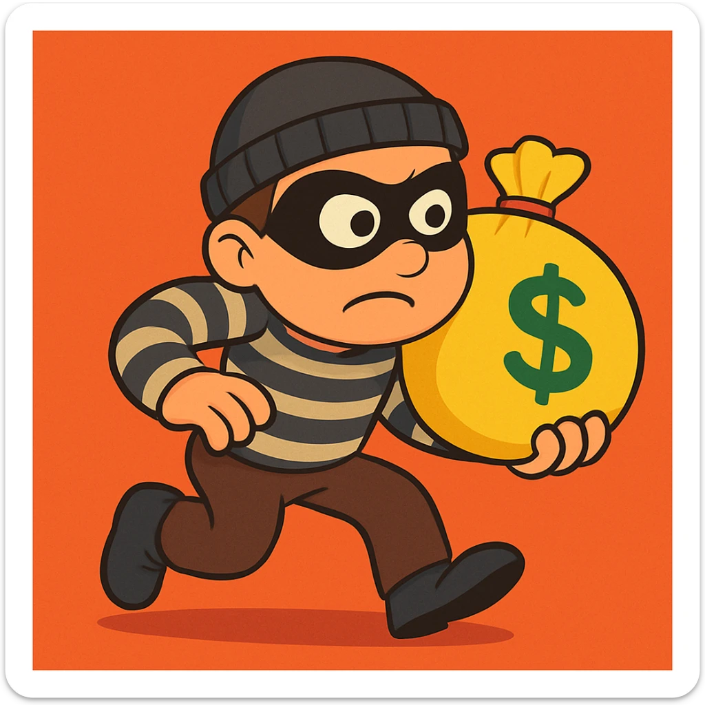 Add a bag of money to the cute thief character, preserving the same flat toon style with vibrant colors and clear details consistent with the original image. sticker