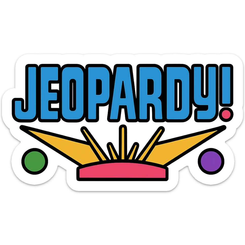 Add more colors to the Jeopardy logo icon, including red, green, and purple accents, while keeping the bold blue and gold base. Clean icon style with lineal color and black outlines. sticker
