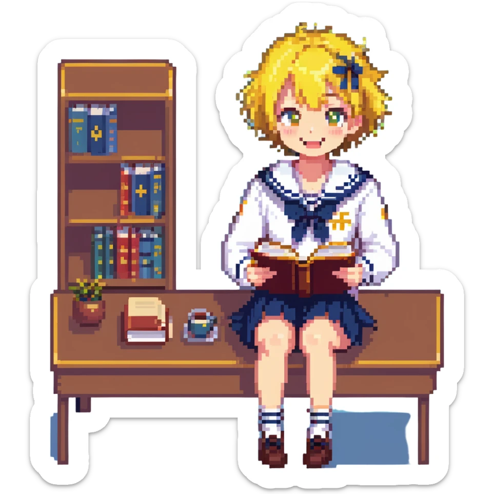 Pixel art anime girl with short bright yellow hair wearing Japanese sailor style school uniform, sitting at desk reading book but with excited smile, energetic studying pose sticker