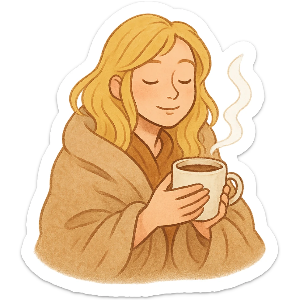 blonde girl snuggled in a blanket, steaming coffee cup in hand, eyes closed, serene mood sticker