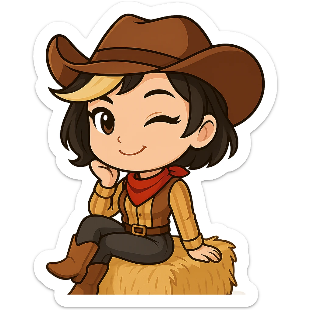 Sexy chibi cowgirl with short hair and a blonde streak, wearing a cowboy hat and western outfit, no guns. Chibi/anime style, transparent background, sized for Twitch or Discord use. Pose: sitting on a hay bale, legs crossed, playful wink and smile. sticker