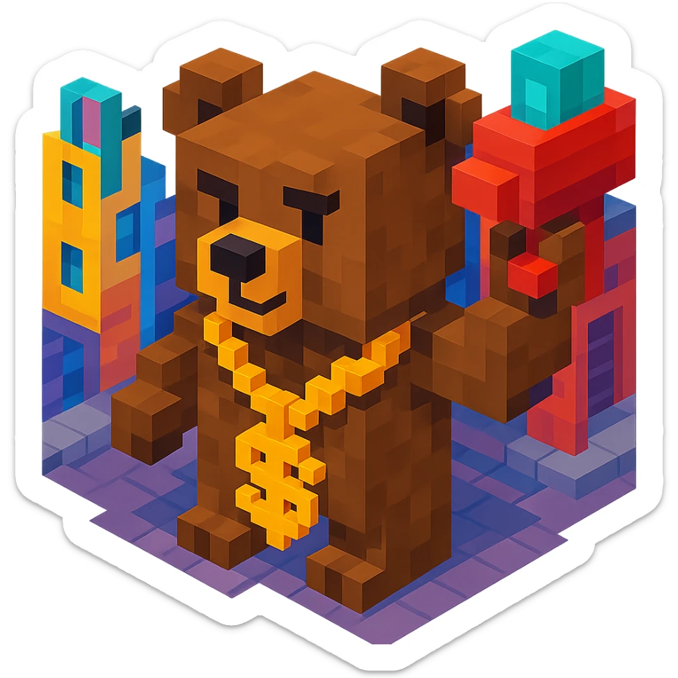 brown Russian grizzly bear with a rapper chain and a money gun, standing in a city alley sticker