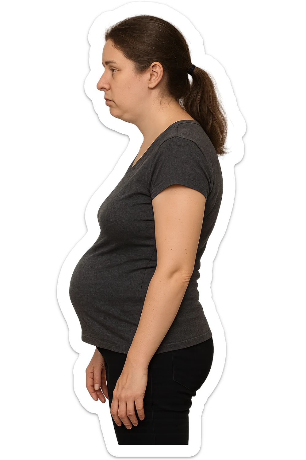 DONNA DI PROFILO CON LA POSTURA SBAGLIATA, LA PANCIA IN FUORI E LE SPALLE CHIUSE sticker