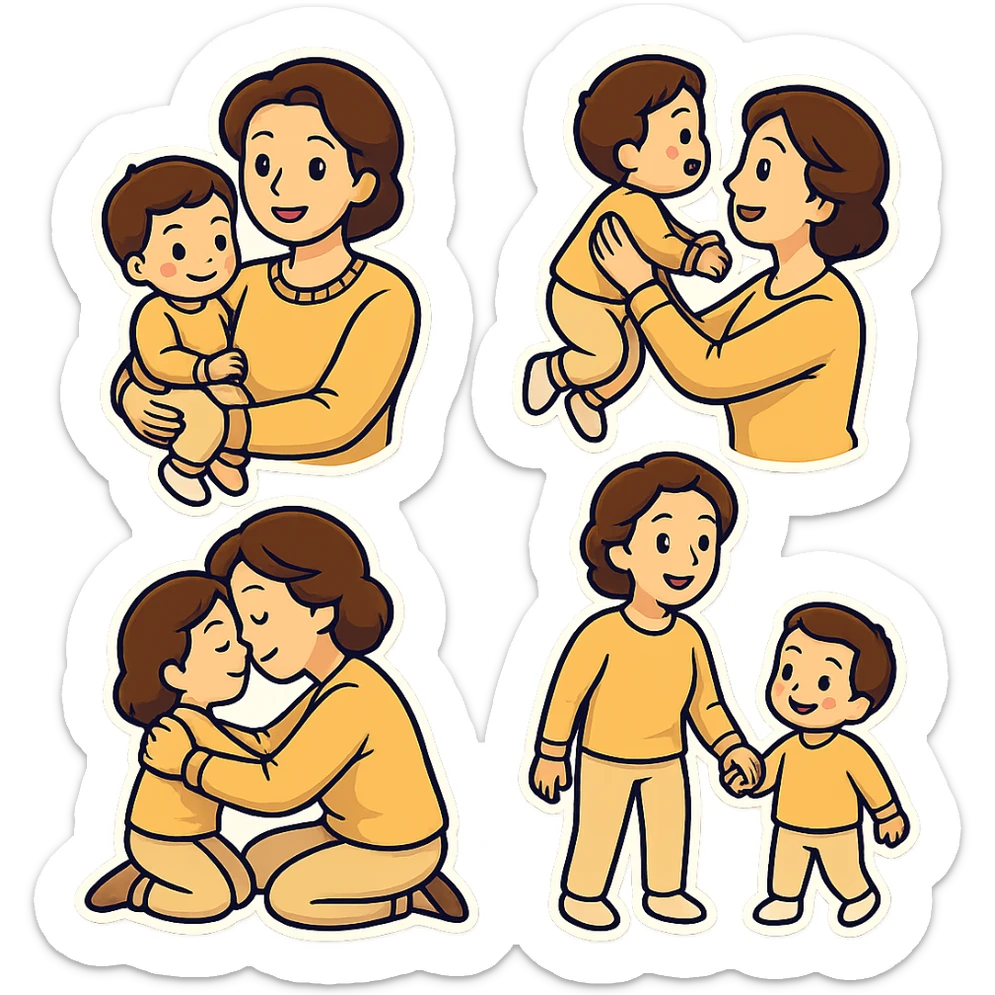 A happy mother with a child in beige clothes in different poses, sticker style sticker